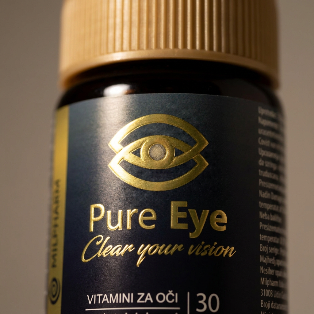 Detalj etikete Pure Eye — zlatni znak oka